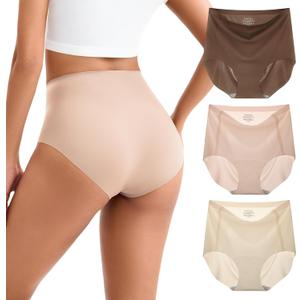 INNERSY Women's High Waist Seamless Underwear No Show Panties Full Coverage Briefs 3-Pack(Small, Coffee/ Tone/ Nude)