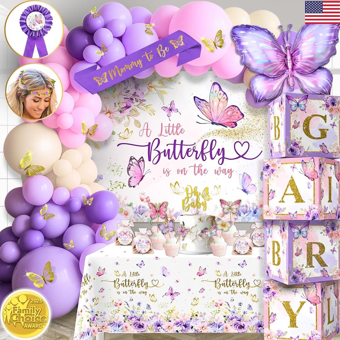 195 Pc Butterfly Baby Shower Decorations for Girl with Pink and Purple Butterfly Balloon Arch Kit, Baby Girl Boxes, Backdrop, Tablecloth, Sash, Cake and Cupcake Toppers, Crown and more