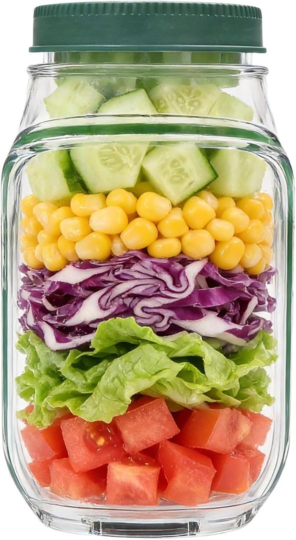 Original Salad Mason Jar Style Side-Open Container  Leak-proof, with separate dressing cup! Vertically Layered Food Storage, Perfect for meal prep at home, office, outdoor & travel