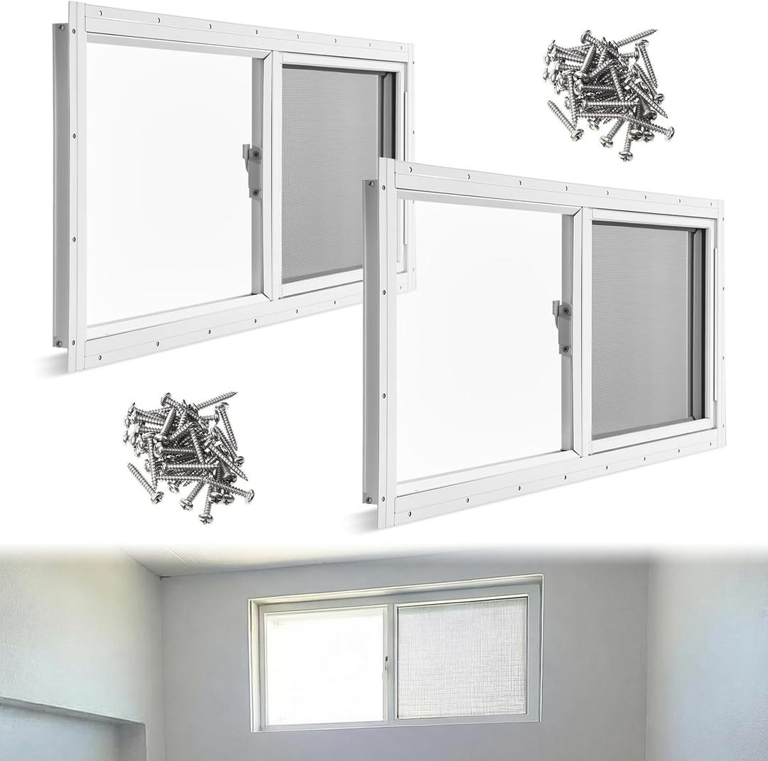2 Pack Basement Home Window 32" x 14" Mini Basement Windows Replacement with Glass Block Screen and Screws for Home Sheds Barns (White)
