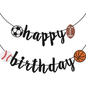 Sports Happy Birthday Banner, Glitter Sports Birthday Banner, Football, Baseball, Soccer, Basketball (Black)