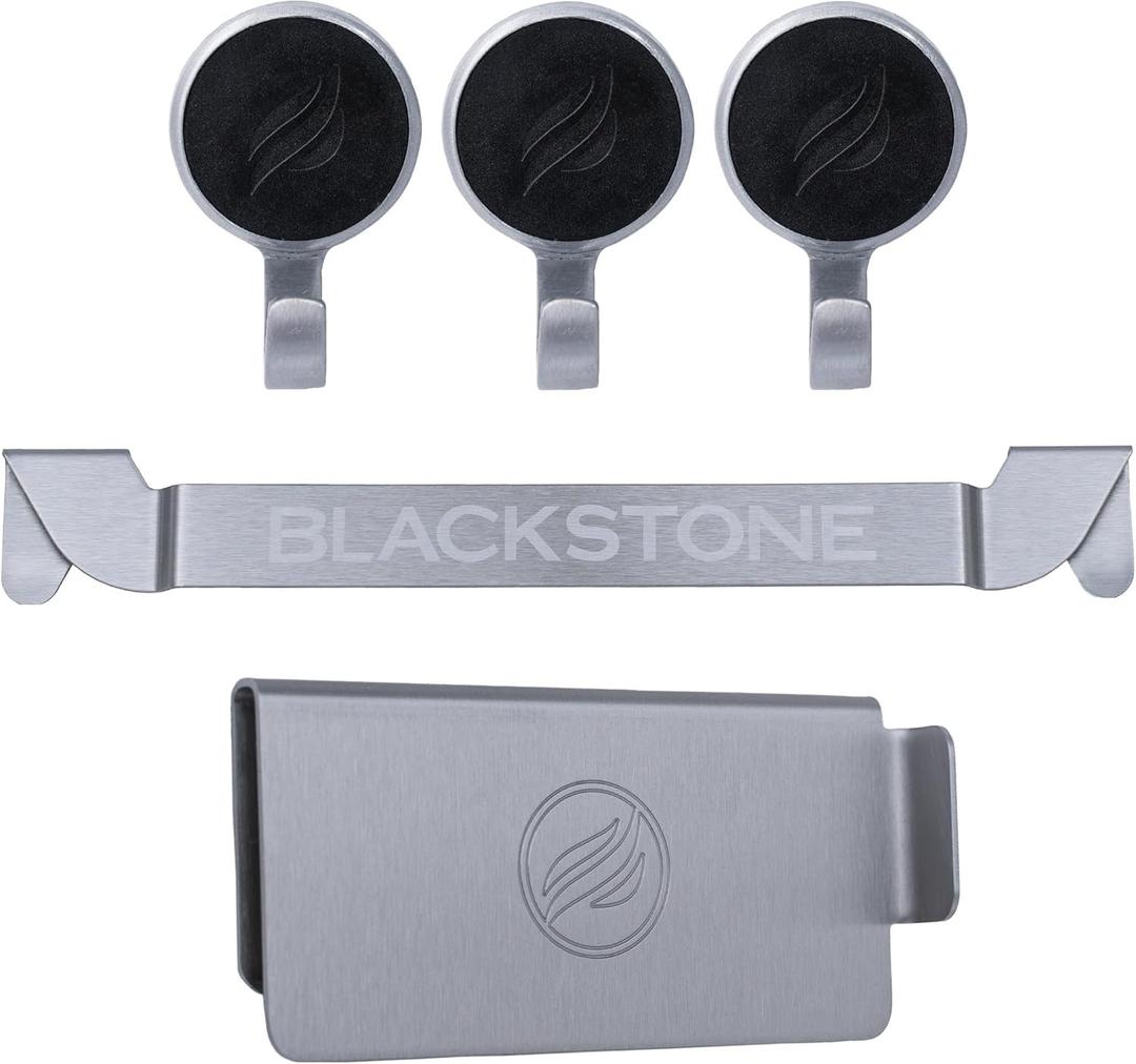 Blackstone 5188 Rear Grease Gate, 3 Magentic Hooks and Tool Holder Combo, Flat Top Griddle Accessories, Stainless Steel Barbeque Cooking Utensil Holder and Grease Guard