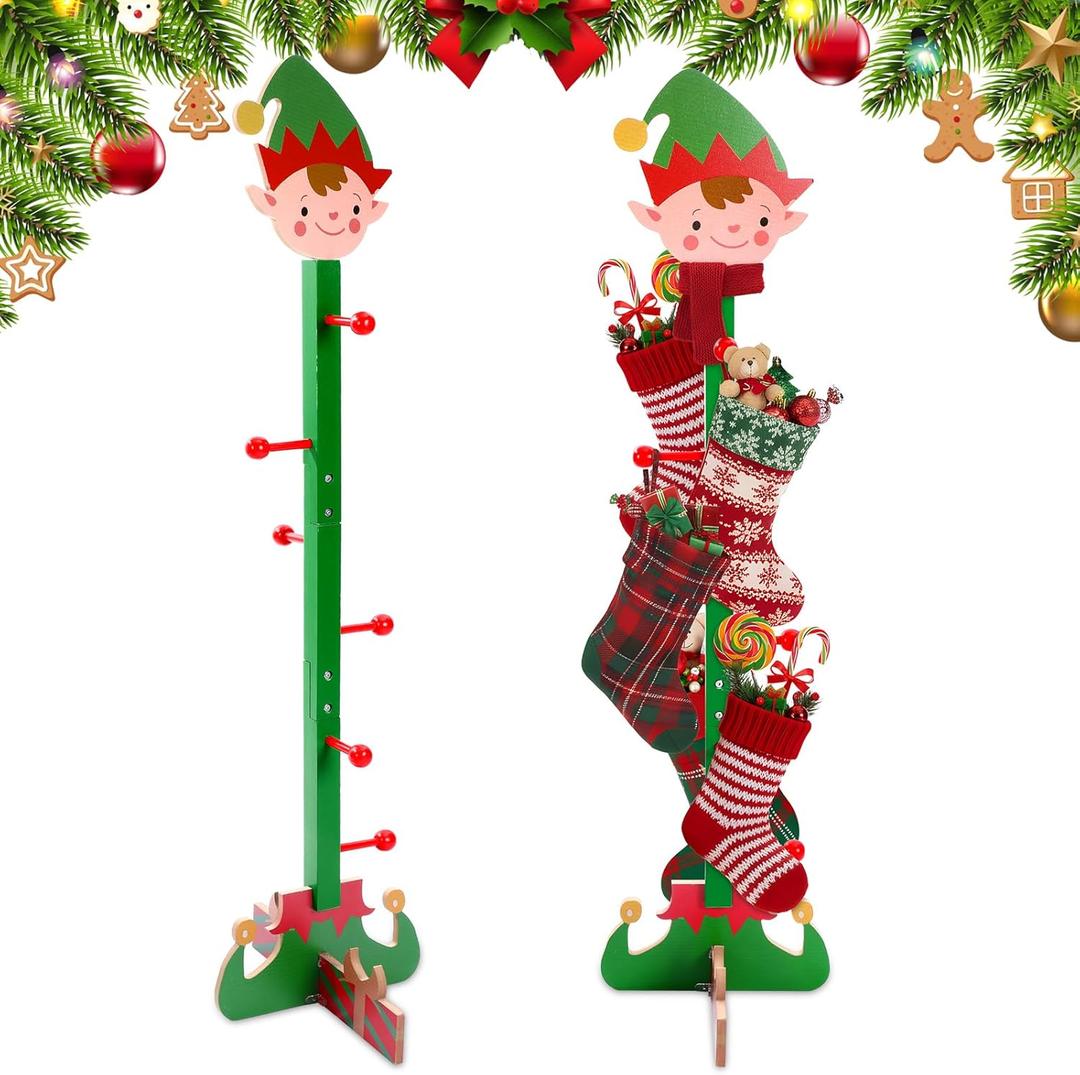Novabright Christmas Stocking Holder Stand Xmas Freestanding Stocking Holder Stand Wooden Tree Coat Rack for Floor Bedroom Fireplace Mantle Scarf Belt Hat Holiday Decor 47 Inch(Christmas Elf)