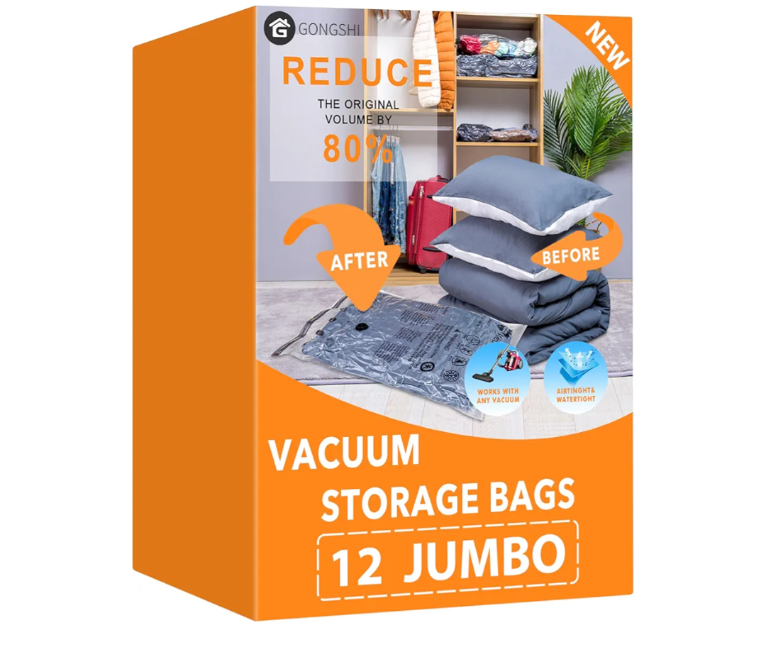 Vacuum Storage Bags Jumbo (12 x Jumbo),Plastic Packaging Bags, Space Saver Sealer Compression Bags for Blankets, Comforters, Pillows, Bedding, Clothes Storage