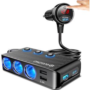 EUGIZMO Cigarette Lighter Adapter, 222W 3 Socket Car Cigarette Lighter Plug USB Charger Multi Port 12V Car Plug Outlet Splitter with LED Voltage Display Independent Switches