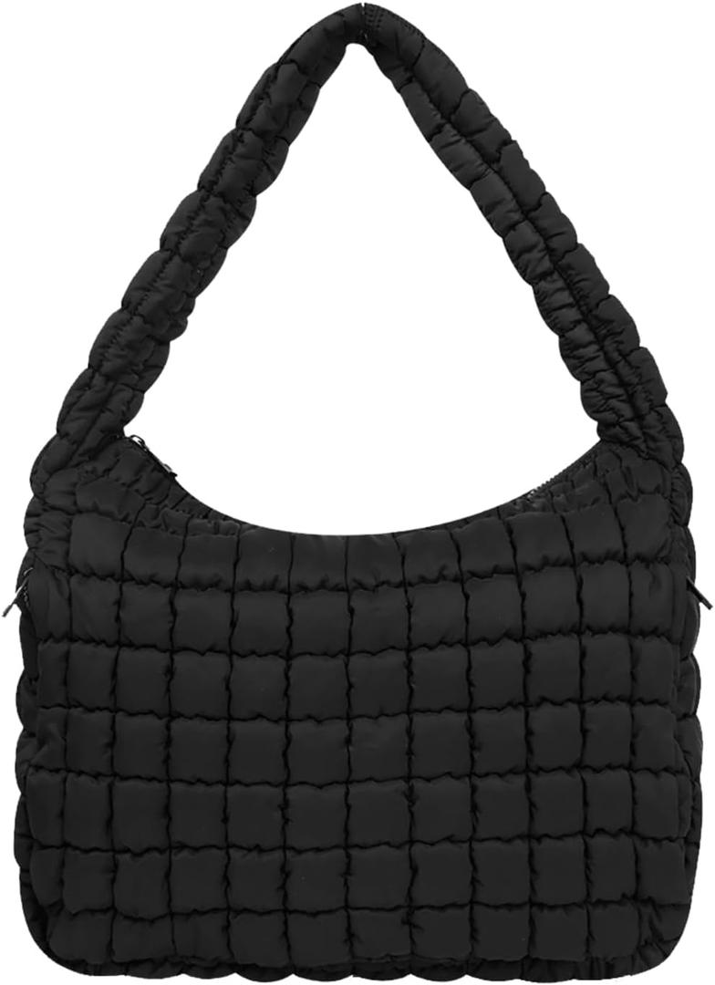 Tote Bag for Women, Women's Quilted Tote Bag with Zipper, Soft and Lightweight Puffer Tote Handbag-Black