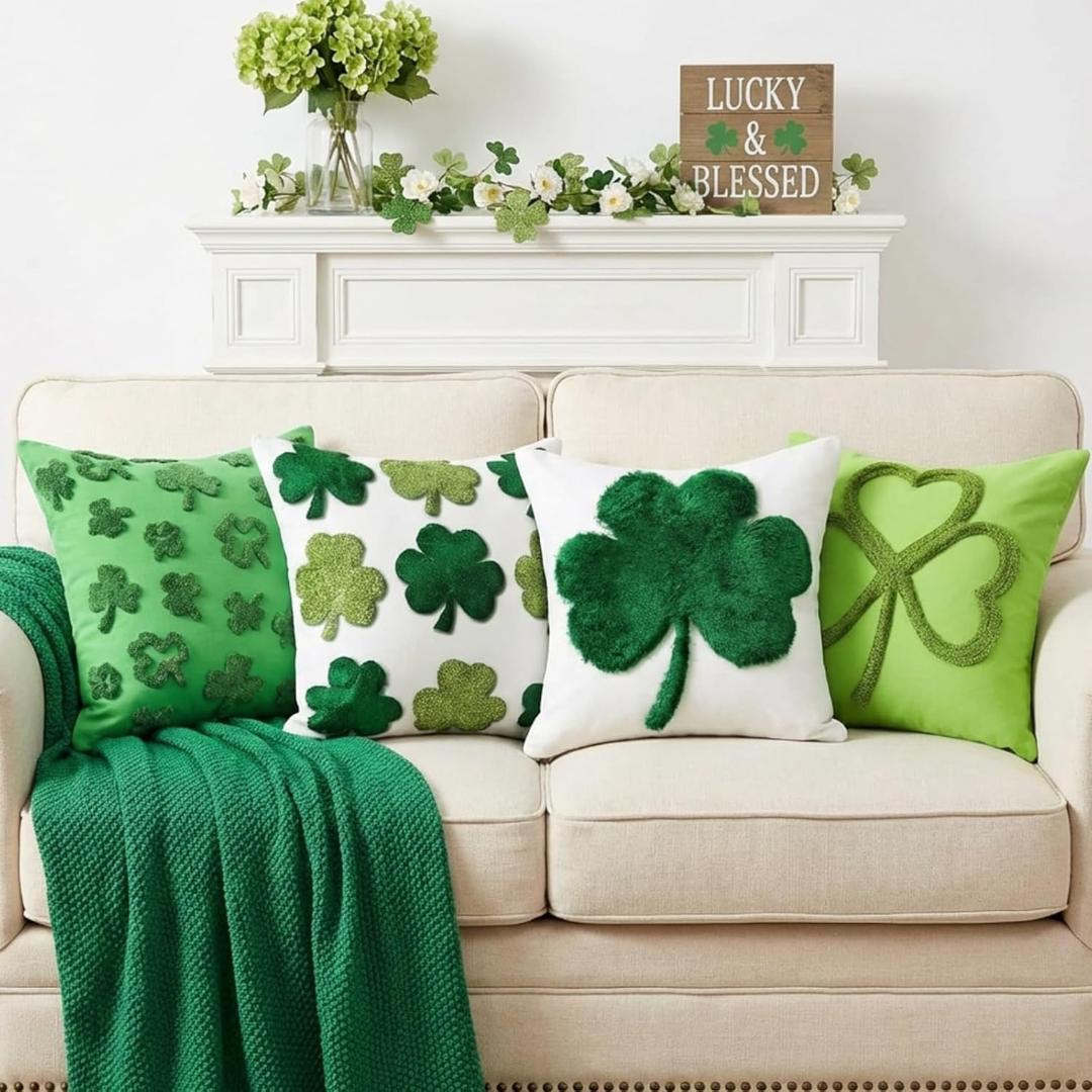 4 Pcs St Patrick's Day Pillow Covers 18x18 Inch St Patricks Day Shamrock Decorations Irish Shamrock Pillow Cases Green Soft Embroidery Cushion Covers for Irish Holiday Couch Sofa Bedroom Home Decor