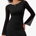 LOMON Womens Dresses Sexy Mesh Bell Sleeve Boat Neck Date Night Y2k Going Out Bodycon Mini Short Dress XS