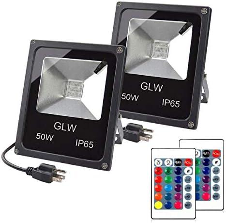 GLW LED RGB Flood Light, 50W Outdoor Color Changing Lights with Remote Control, IP65 Waterproof Dimmable Wall Washer Light, Flood Lamp 16 Colors 4 Modes with US 3-Plug(2 Pack)