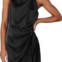 PRETTYGARDEN Women's Short Formal Satin Dress Summer Sleeveless Mock Neck Tie Waist Cocktail Party Dresses (Black, S)