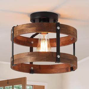 Rustic Farmhouse Wood Flush Mount Ceiling Light Fixture 1 Light Oak Wood and Metal Round Drum Semi Flush Mount Ceiling Light for Kitchen Hallway Entryway Bedroom Farmhouse Country, Black