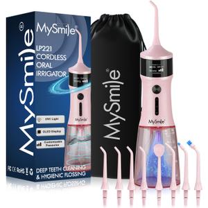 MySmile LP221 UVC Sterilizable Cordless Water Flossers for Teeth 335ML Portable OLED Display Dental Flosser with 4 Modes 8 Jet Tips and a Storage Pouch for Home and Travel (Juicy Pink)