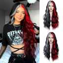 WECAN Black Red Gray Wig 28 Inches Long Black Red Wavy Wigs For Women Synthetic Hair Replacement Wigs Halloween Cosplay Daily Party Heat-Resistant Fiber Wig