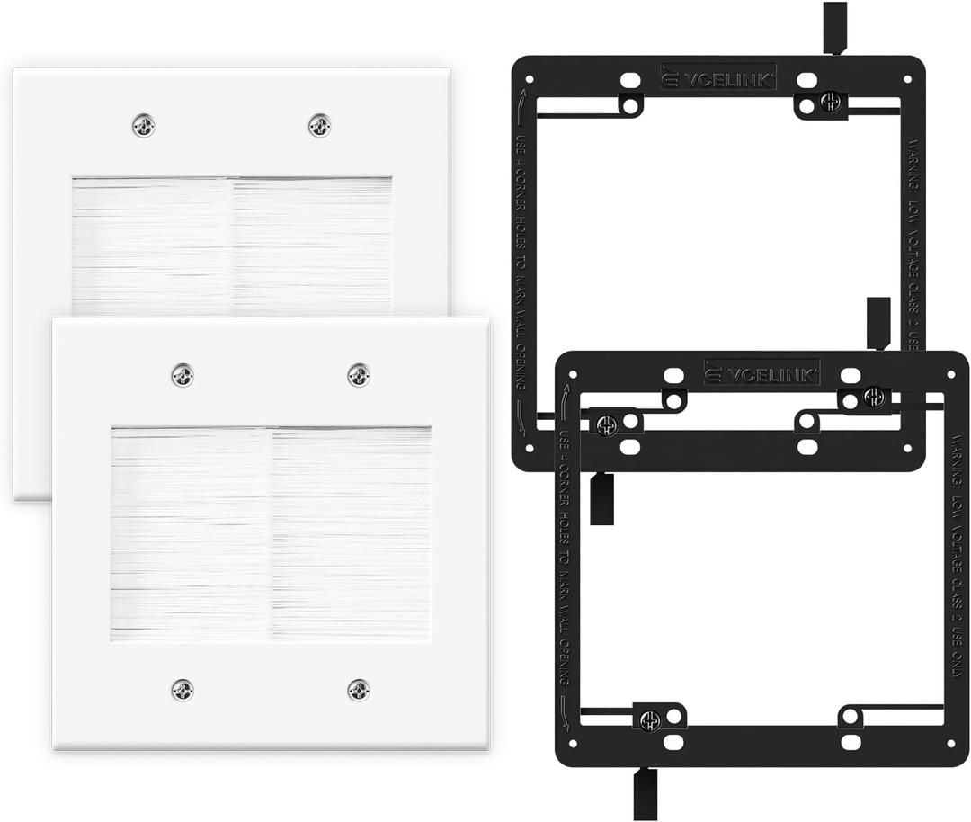 VCELINK 2 Gang Brush Wall Plate 2 Pack, Cable Pass Through Wire Hider for Cable Management, Compatible with Ethernet Cables, HDMI Cables & Home Theater Systems (White, with Bracket)