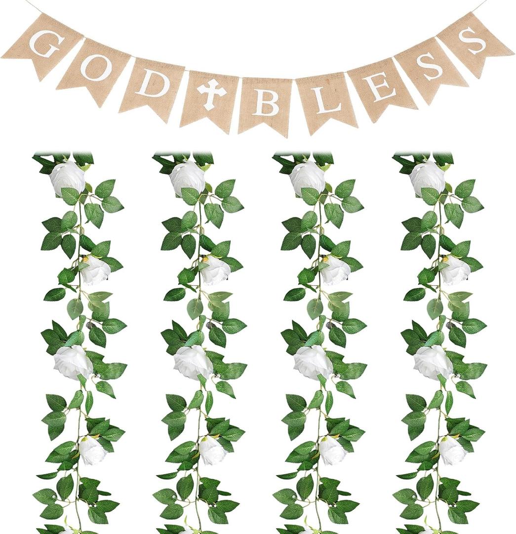 Kosiz 5 Pcs First Communion Decoration Set God Bless Banner with 4 Pcs 26 ft White Flower Garland Fake Vines Faux Artificial Floral Garland Blessed Burlap Banner for Wedding Confirmation Baptism