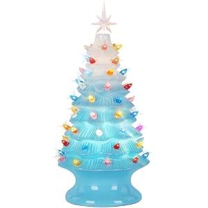 Lakumu 16.5" Table Top Christmas Tree, Hand Painted Resin Christmas Tree with Lights, Pre-lit Xmas Tree Decor Lighted Tabletop Decoration with Multicolored LED Bulbs, Ceramic-Like Finish, Blue