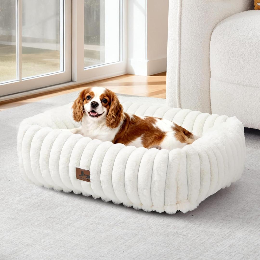 Washable Dog Bed for Small Medium Dogs - Rectangle Orthopedic Corduroy Fleece Pet Bed with Removable Cover and Nonskid Bottom, Calming Puppy Bed Soft Pet Sofa, Cream(25x21x7inchs)