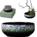 Water Lotus Bowl Planter Kit - Japanese Compote Bowl Ikebana Vase Set w/ 1.8" Floral Frog- Ideal for Ikebana, Flower Arrangement & Hydroponic Planting (Green Spots)