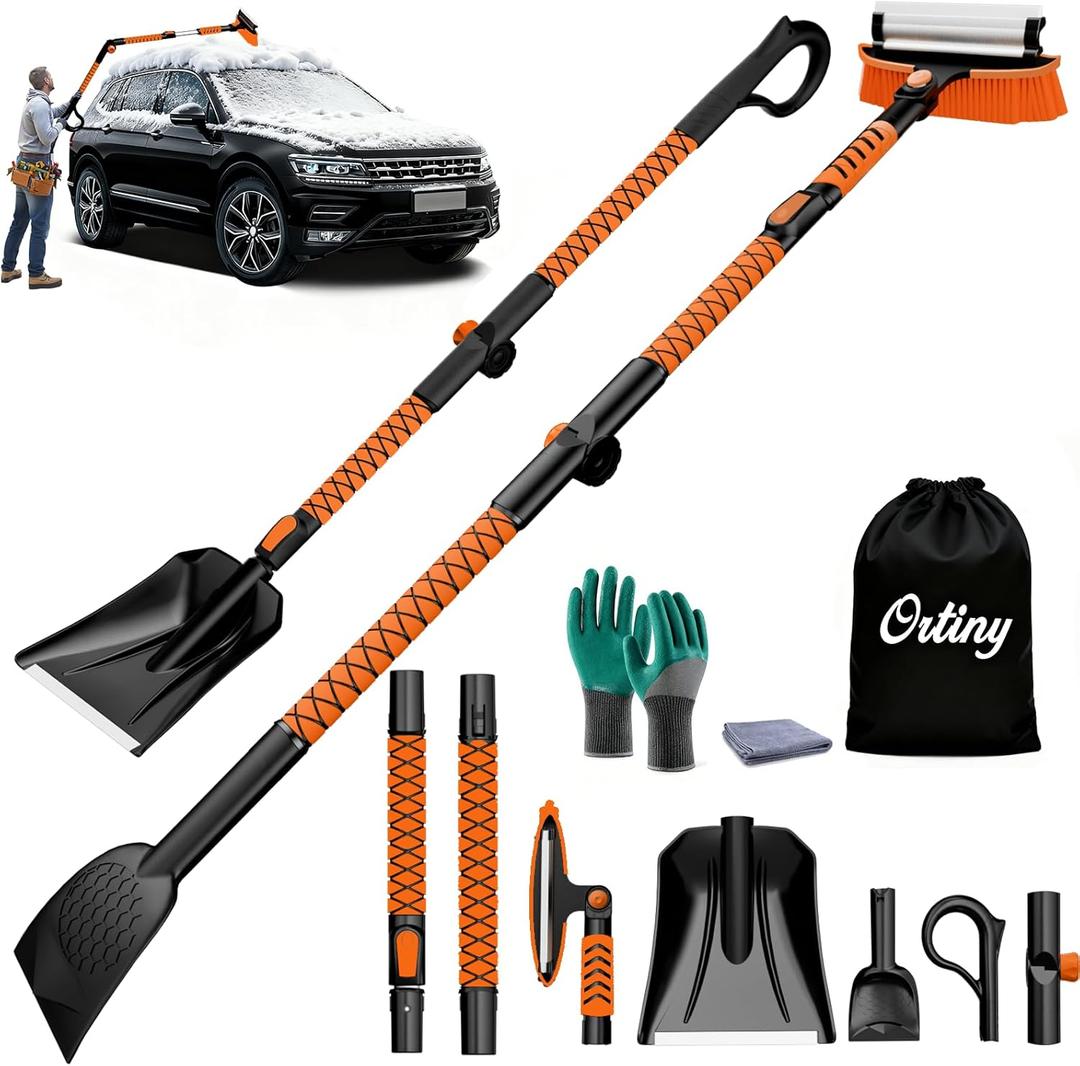 7 in 1 Snow Shovel & Snow Brush Kit with Ice Scrapers for Car Windshield,62.2 Extendable & Bendable Thicken Aluminum Tube for Easy Roof Cleaning,180 Pivoting Brush Head & EVA Grip, Orange