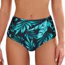 ZAFUL Women High Waist Bikini Bottom Side Mesh Spliced Tankini Swimsuit Swim Briefs Bathing Suit Bottom (Medium, Blue Leaf)