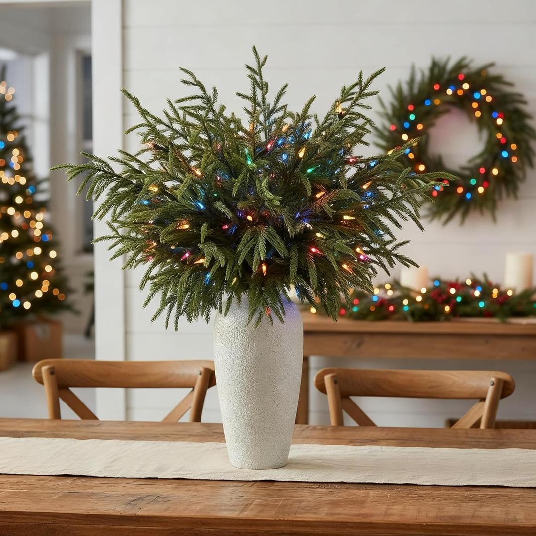 8 Pcs Large Christmas Norfolk Pine Stems 36 Inch, Long Greenery Artificial Realistic Lighted Pine Branches with Lights for Tall Vase, Fireplace Mantel Decor, Centerpieces & Indoor Decorations, Filler