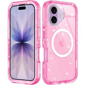 for iPhone 17 Case Clear Magnetic [Anti-Yellowing] [Compatible with MagSafe] Shockproof 3-Layer Military Grade Protection Case for Apple iPhone 17 6.3",Clear Pink Glitter