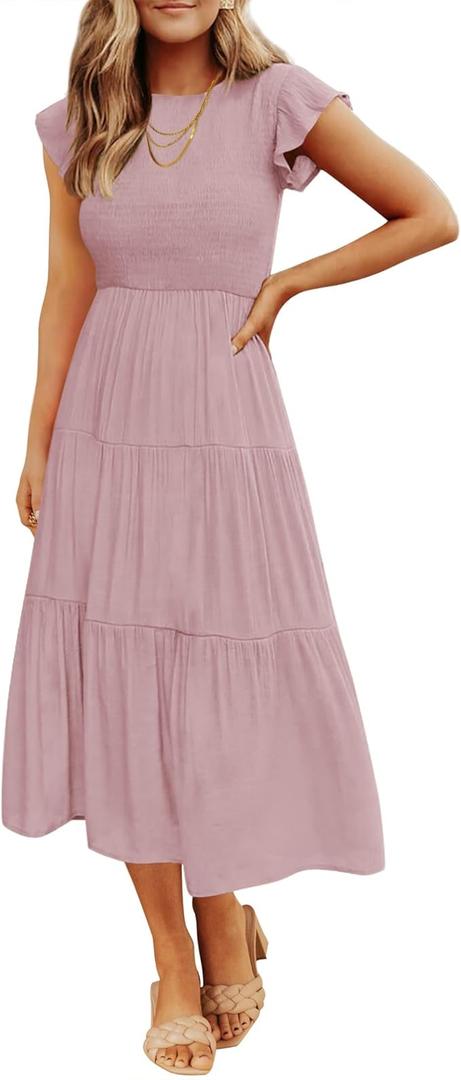 ZESICA Women's 2026 Summer Casual Flutter Short Sleeve Crew Neck Smocked Elastic Waist Tiered Midi Dress, Size Medium