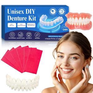 DIY Denture Kit for Emergency Replacement - Natural Looking Comfort-Fit Fake Teeth, Upper & Lower Set for Everyday Use, Universal Size for Men & Women (White)