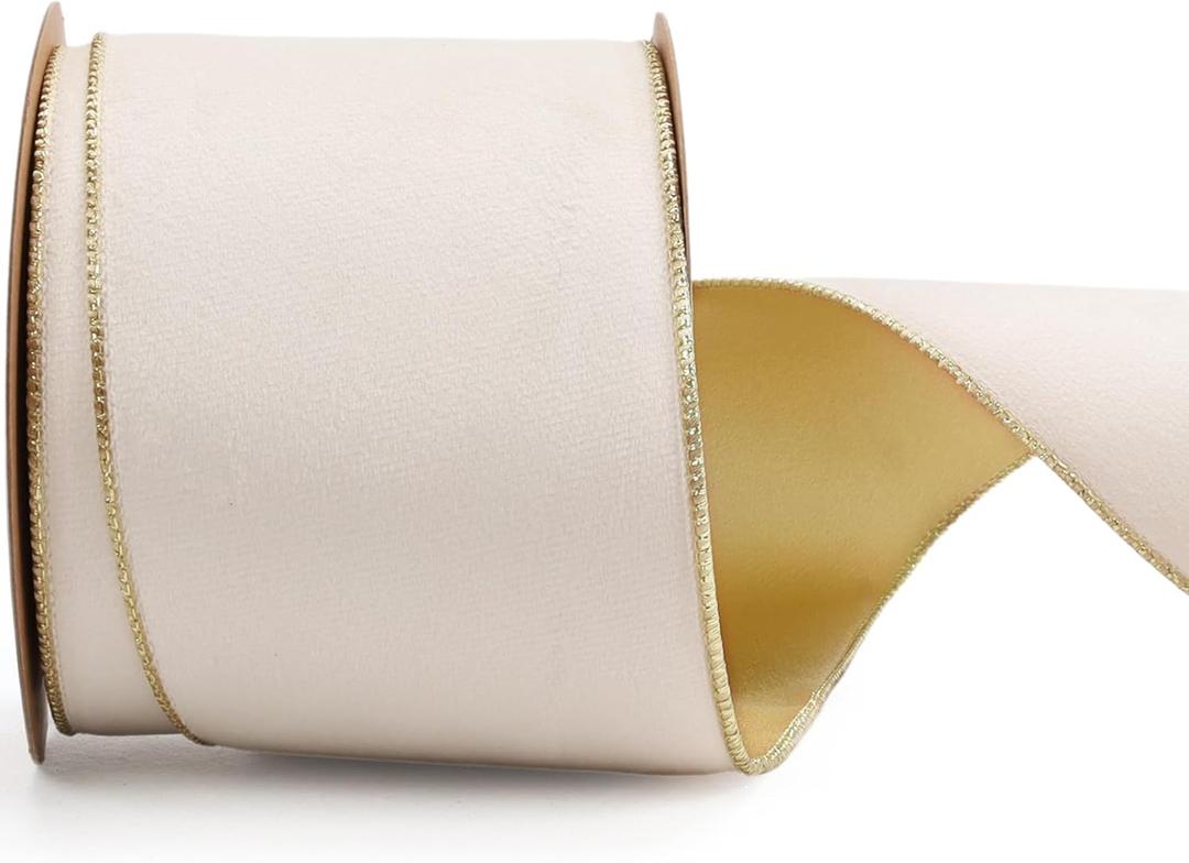LaRibbons Ivory Gold Reversible Velvet Lurex Wired Ribbon, 4 Inch x 10 Yards Cream Ribbon for Gift Wrapping, Christmas Tree Decoration, Crafts Wreaths Supplies