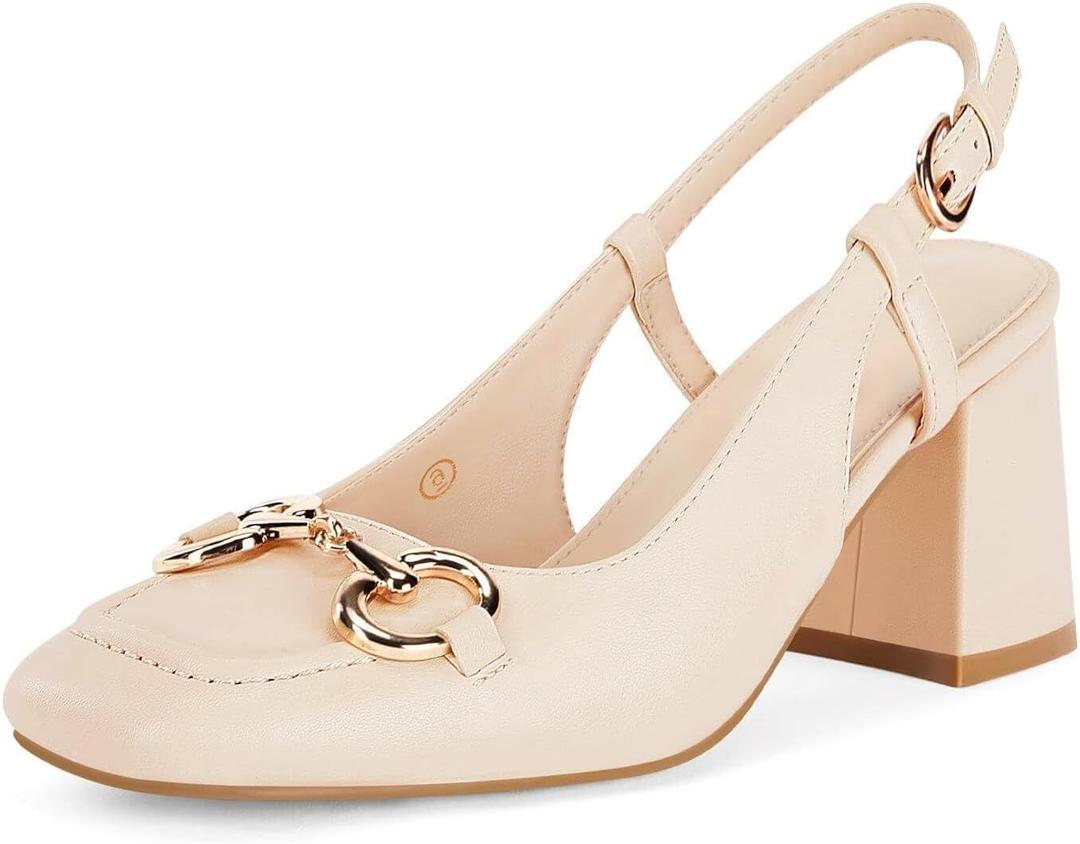 Womens Slingback Block Heels Closed Square Toe Dress Work Shoes Slip on Buckle Strap Business Pumps (7.5, Nude)