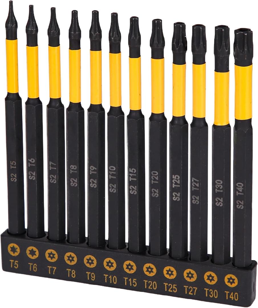 Bates- Impact Security Torx Bit Se, 12 pcs, 4 Inch Long, 1/4" Drive Hex Shank T5-T40, Alloy Steel, Tamperproof Magnetic Star Bits Set