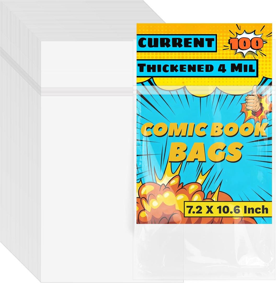 LOTMER 100 Pack Comic Book Sleeves, Current Size Comic Book Bags | Self Sealing Comic Bags Resealable Crystal Clear Comic Sleeves Thickened 4 Mil for Comic Book Storage and Protection