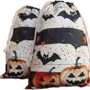 Halloween Bag 2 Pieces Printed Storage Drawstring Canvas Bag Halloween Theme Pumpkin Bat (Beige)