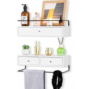 Floating Shelves for Wall Storage, Wall Mounted Bathroom Shelf with Drawers Set of 2, Rustic Wood Wall Shelves for Bedroom, Living Room, Kitchen, Home Decor, Plants, Books (15.8 Inch Long, White&black)