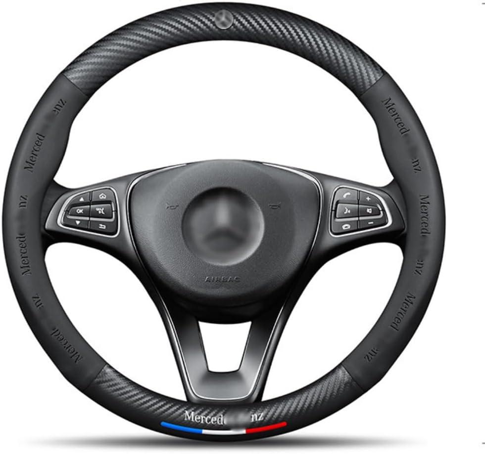 Custom-Fit Car Steering Wheel Cover Compatible with Mercedes-Benz Car. Premium Stylish Nappa Leather Carbon Fiber Texture Protector, Non-Slip, Mercedes Benz Compatible Accessories (Black)37 cm to 38cm