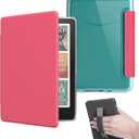 Case for All-New 7" Kindle Paperwhite 12th Gen 2024 and Kindle Color soft Signature Edition, Light PU Leather Cover and Transparent Hard Back with Hand Strap, Auto Sleep/Wake, Watermelon Red