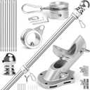 Anovo Flag Pole Kit- Stainless Steel 5 FT Flag Poles with1 Inch Metal 360 Rotating Flag Pole Rings Clip, Two-Position Flag Pole Holder Brackets Mounting for Outside House Outdoor Porch(5 FT - Sliver)