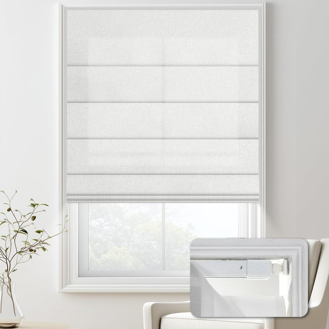 No Drill Blackout Roman Shades for Indoor Windows,Cordless Roman Blinds,Linen No Tools Window Shades,Easy to Install Window Blinds for Home Bedroom,70% Blackout-White 26" W x 72" H