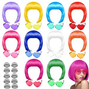 PLULON 10 Pcs Colorful Bob Wigs with Heart Plastic Sunglasses Hair Cap for Women, Costume Colorful Cosplay Wig Daily Party Hairpieces for Bachelorette Neon Party Favors, Halloween Decorations (Multicolor)