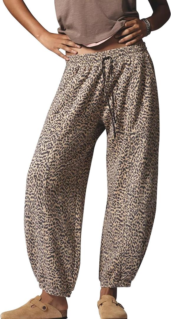 Leopard Pants Women Baggy Sweatpants Casual Fall Winter Cheetah Print Lounge Pants Trousers with Pockets (Medium, Khaki)