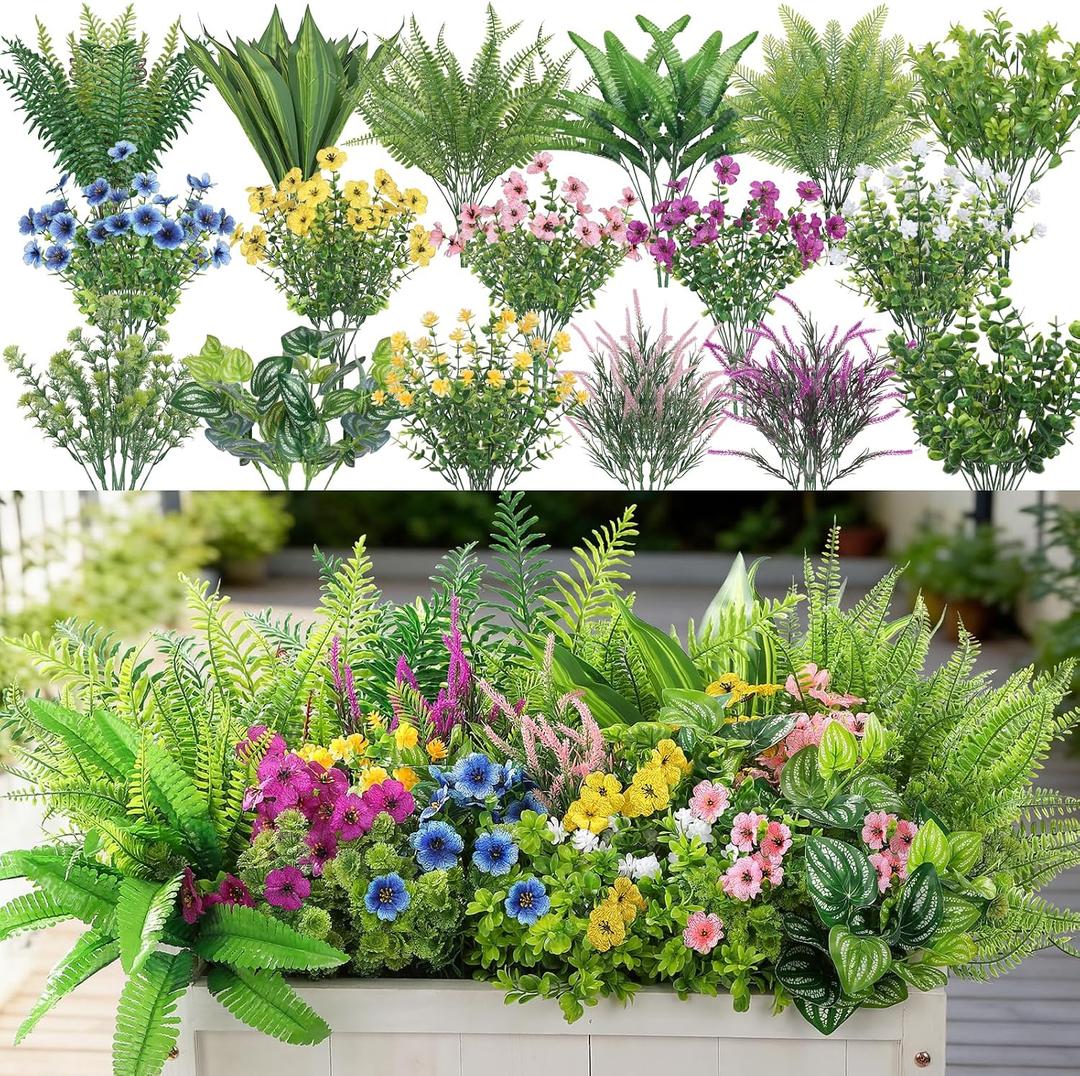 Alupssuc 24Pcs Artificial Flowers and Plants,UV Resistant & No Fade Fake Plastic Greenery Shrubs for Home Garden, Pathway, Front Porch-Spring Summer Decor, Indoor/Outdoor Use,Pink Purple Yellow Blue