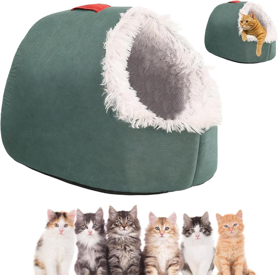 Winter Warm Pet Cave Bed, 2026 New Soft Plush Cozy Indoor Nest for Cats and Small Dogs, Removable Cushion Warming Pets Cozy Enclosed Cat House (Dark Green + White, Medium)