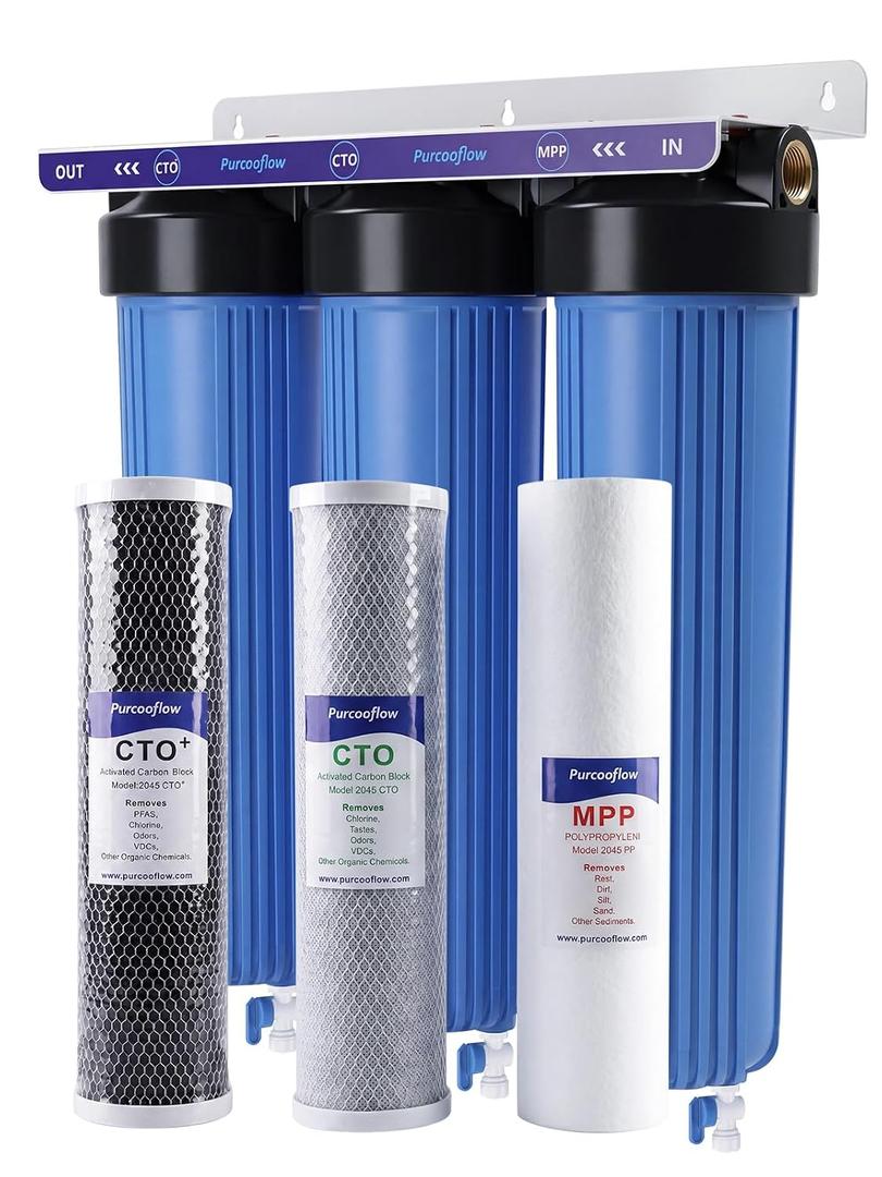 PFAS Reduction 3-Stage Whole House Water Filter System | PFAS Chlorine Reduction, 3 Stage Filtration,1" NPT Brass Ports, BPA-Free,Leak-Free, Drain Valves Included, 20*4.5inch filters