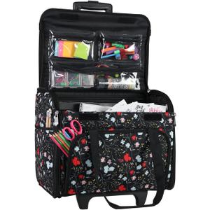Everything Mary Teacher Rolling Tote Black Floral Wheeled Bag for Classroom Organization Portable Storage Cart for Teaching Supplies, Crafts & Office Essentials