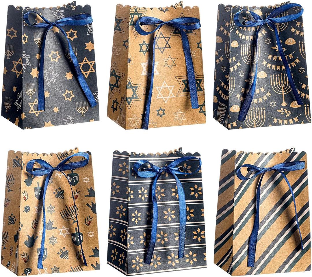 Kolldenn 24 Pcs Hanukkah Goodies Bags Kraft Gift Bags Hanukkah Candy Gift Paper Bags with Ribbons for Hanukkah Party Supplies Jewish Event Supplies Hanukkah Gifts