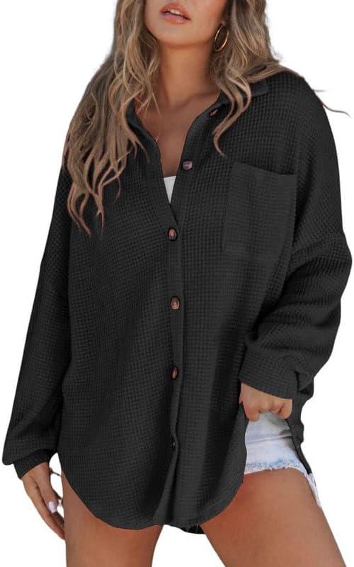 SHEWIN Womens Waffle Knit Shirts Casual Batwing Long Sleeve Shacket Lightweigt V Neck Button Up Tops with Pocket Spring Clothes for Women 2024, M Black