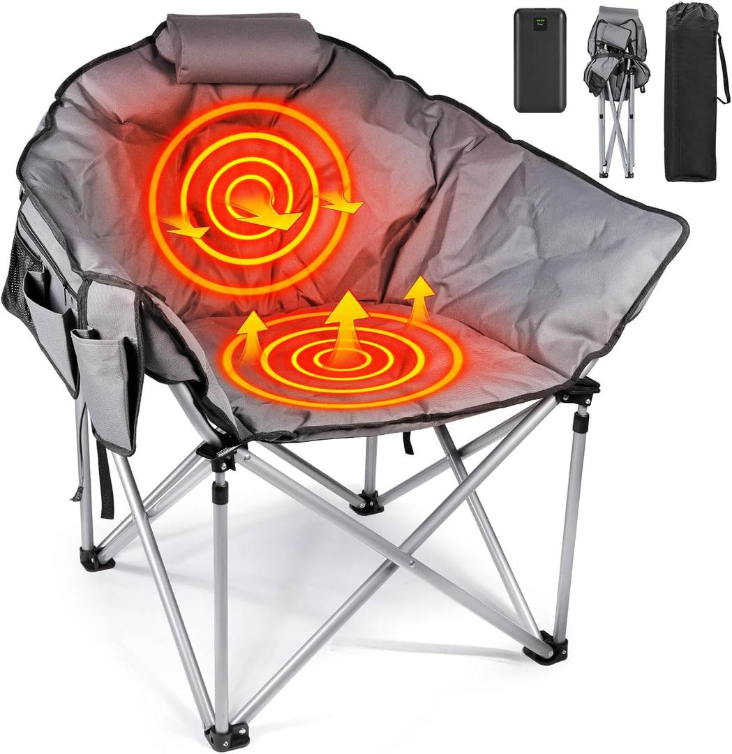Suteck Heated Camping Chair, Oversized Outdoor Portable Heated Folding Chairs with 12V 20,000mAh Power Bank, Heated Foldable Chair Seat, Heating Chair for Outdoor Sports Camping Patio, 650lbs (Smoky Gray With Battery)
