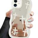 Jusy Compatible with iPhone 12/12 Pro Case with Wavy Edge, Cute White Cross Pattern Mirror Curly Phone Cases, Shockproof Hard PC & Soft TPU Bumper Protection Cover for Women Girls-Cross Pattern