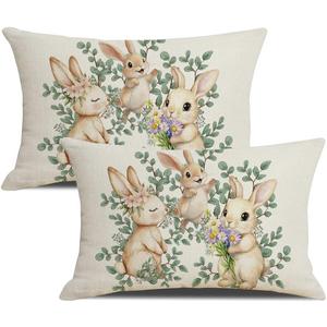 Easter Pillow Covers 12x20 inch Set of 2 Eucalyptus Leaves Rabbit Floral Decorative Throw Pillow Covers Bunny Cushion Case Easter Decoration for Sofa Couch Bedroom