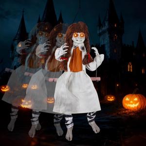 Joliyoou Halloween Decorations Outdoor, 31.5" H Sound Activated Hanging Girl Sitting on A Swing with Glowing Eyes, Creepy Sound & Kicking Legs, Life-Size Animatronic Ghost for Haunted House Decor